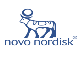 Novo Nordisk blue logo on a transparent background with a stylized animal symbol and the company name.