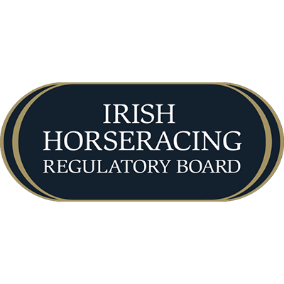 Logo of the Irish Horseracing Regulatory Board, featuring white text on a dark blue oval background with gold outlines.