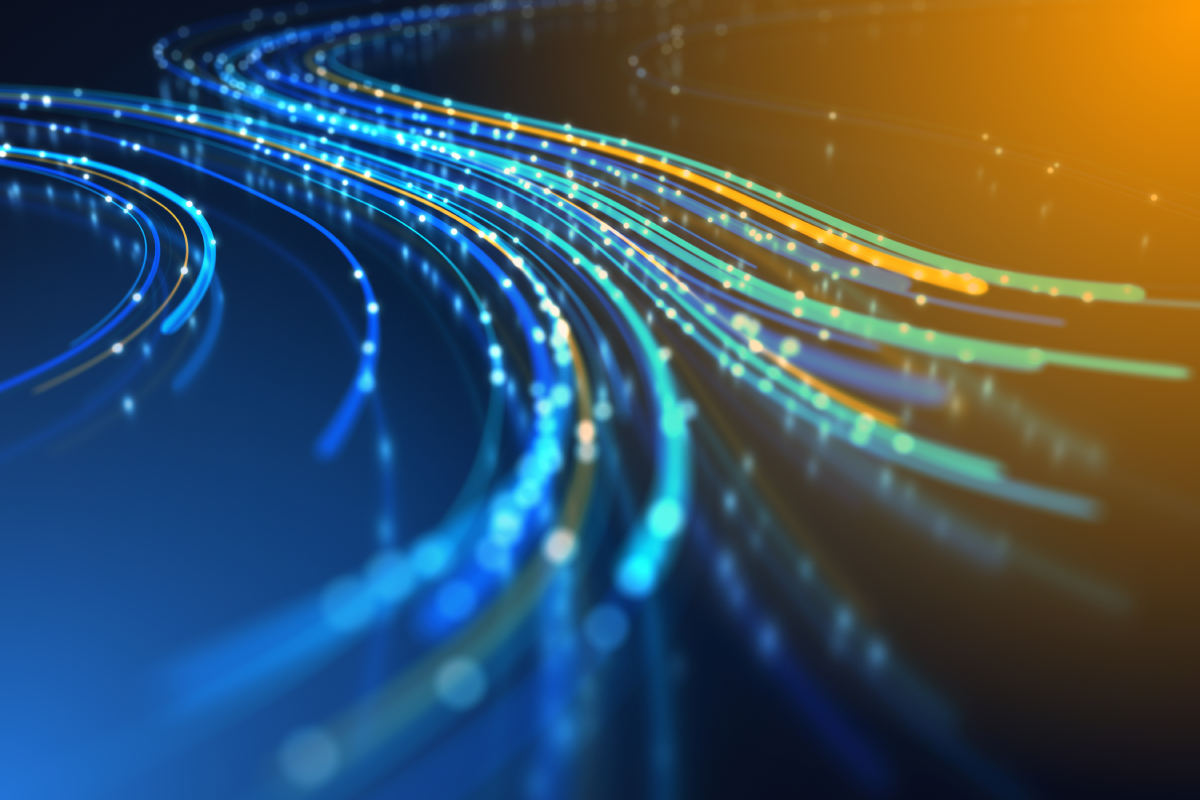 Abstract digital image representing data sovereignty, featuring flowing blue and orange glowing wires or data streams on a dark background.