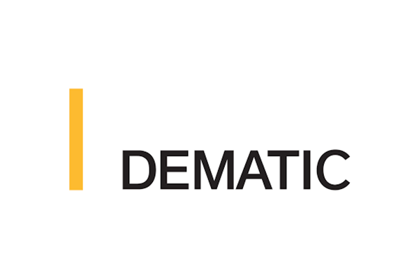 The Dematic logo featuring the brand name in black text next to a vertical yellow bar on a white background.