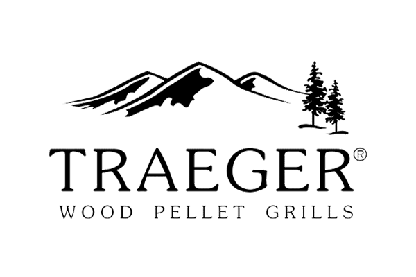 Logo for Traeger Wood Pellet Grills, featuring mountain silhouettes and pine trees above the company name.