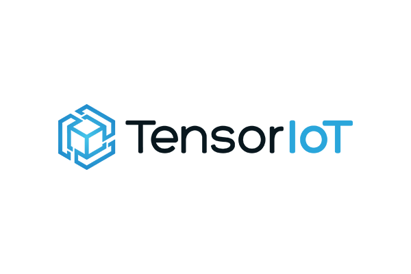 Logo of TensorIoT featuring a geometric icon and the company name in blue and black text.