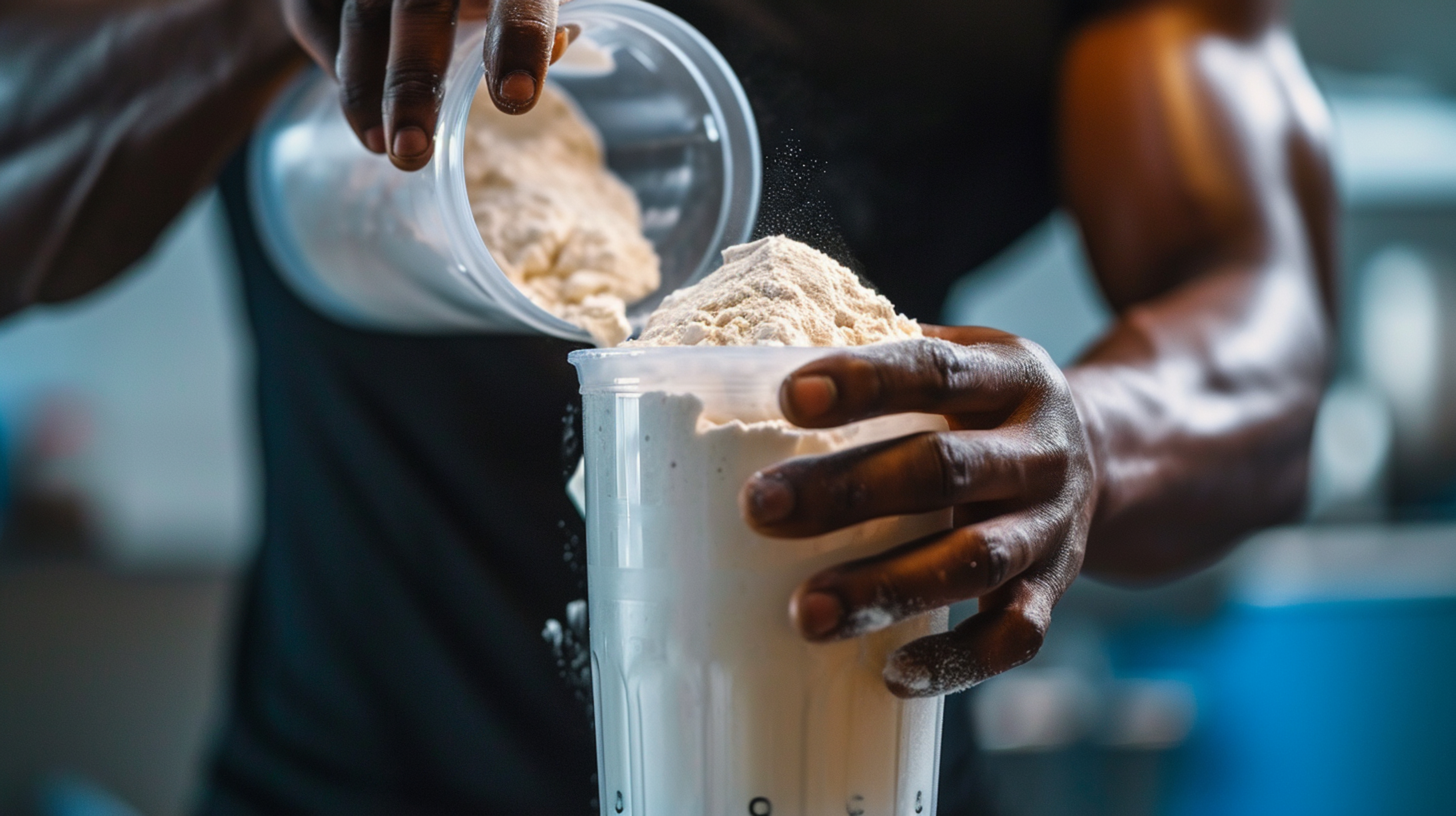 a male athlete prepares a protein shake.
