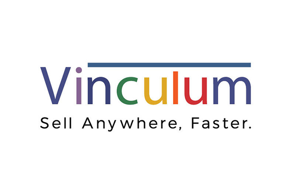 Logo for Vinculum with the tagline 'Sell Anywhere, Faster.' The text 'Vinculum' is written in multicolored letters with a blue line above, and the tagline is below in black text on a white background.