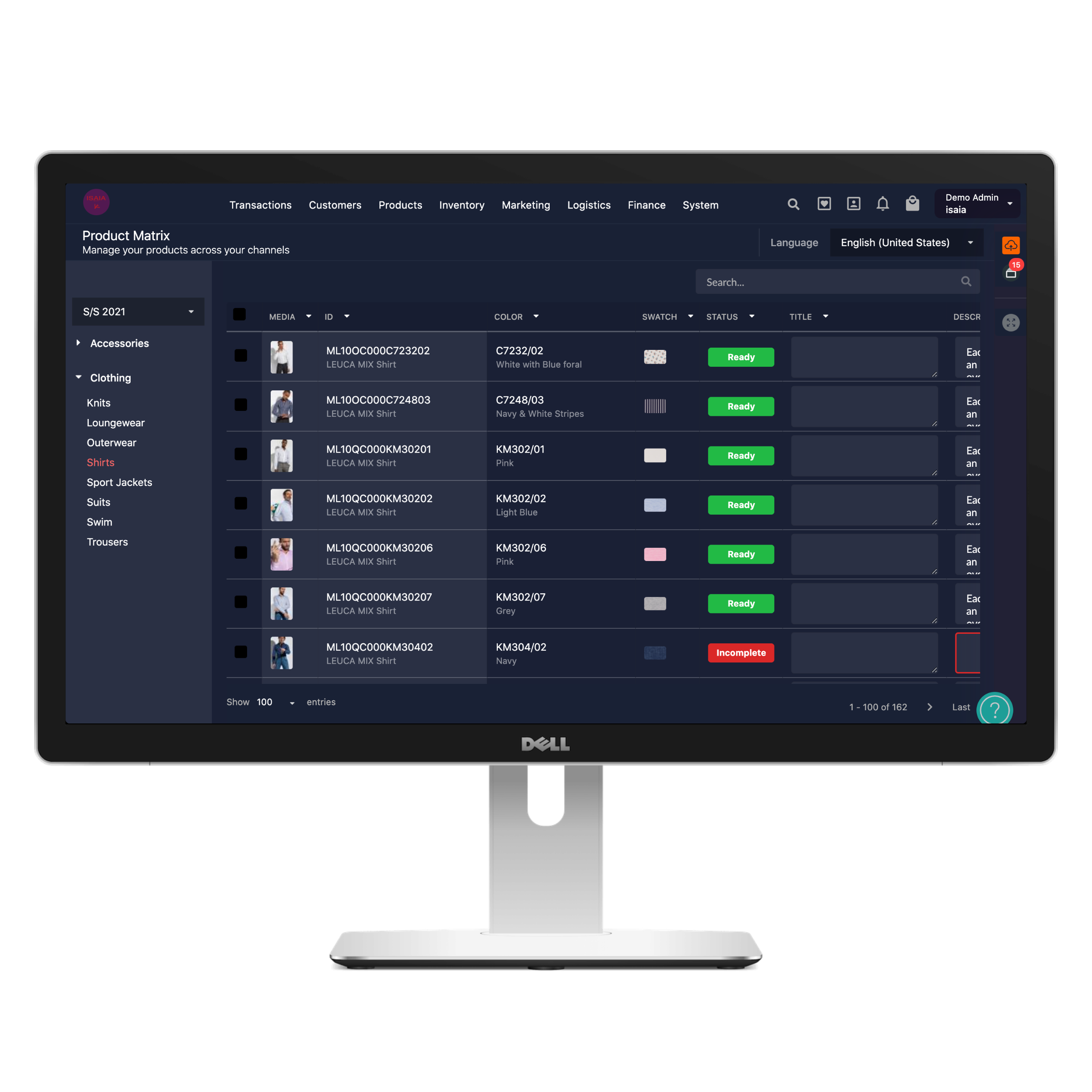 A Dell monitor displaying a product matrix dashboard for managing products across various channels, showing product details like media, color, status, and title for clothing items such as shirts.