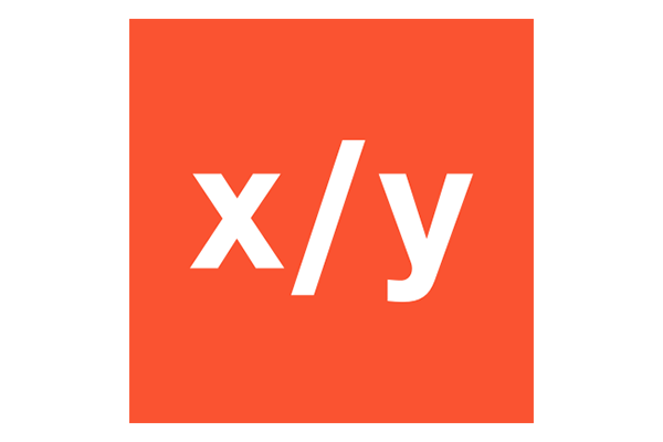 White 'x/y' text on an orange square background logo.