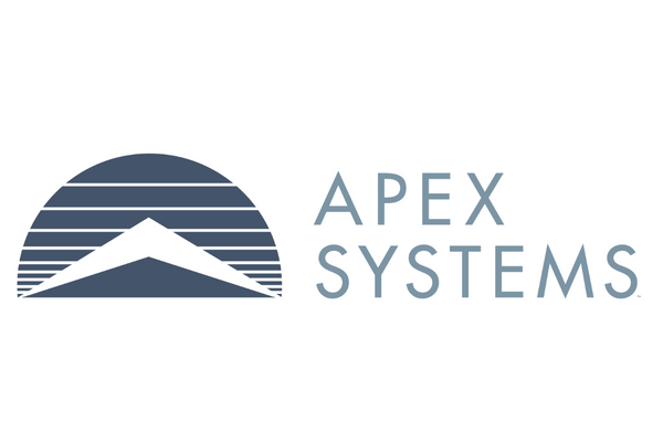 Apex Systems logo featuring a stylized half-circle with lines and a central peak, alongside the company name. AWS partner branding, image size 600x400 pixels.