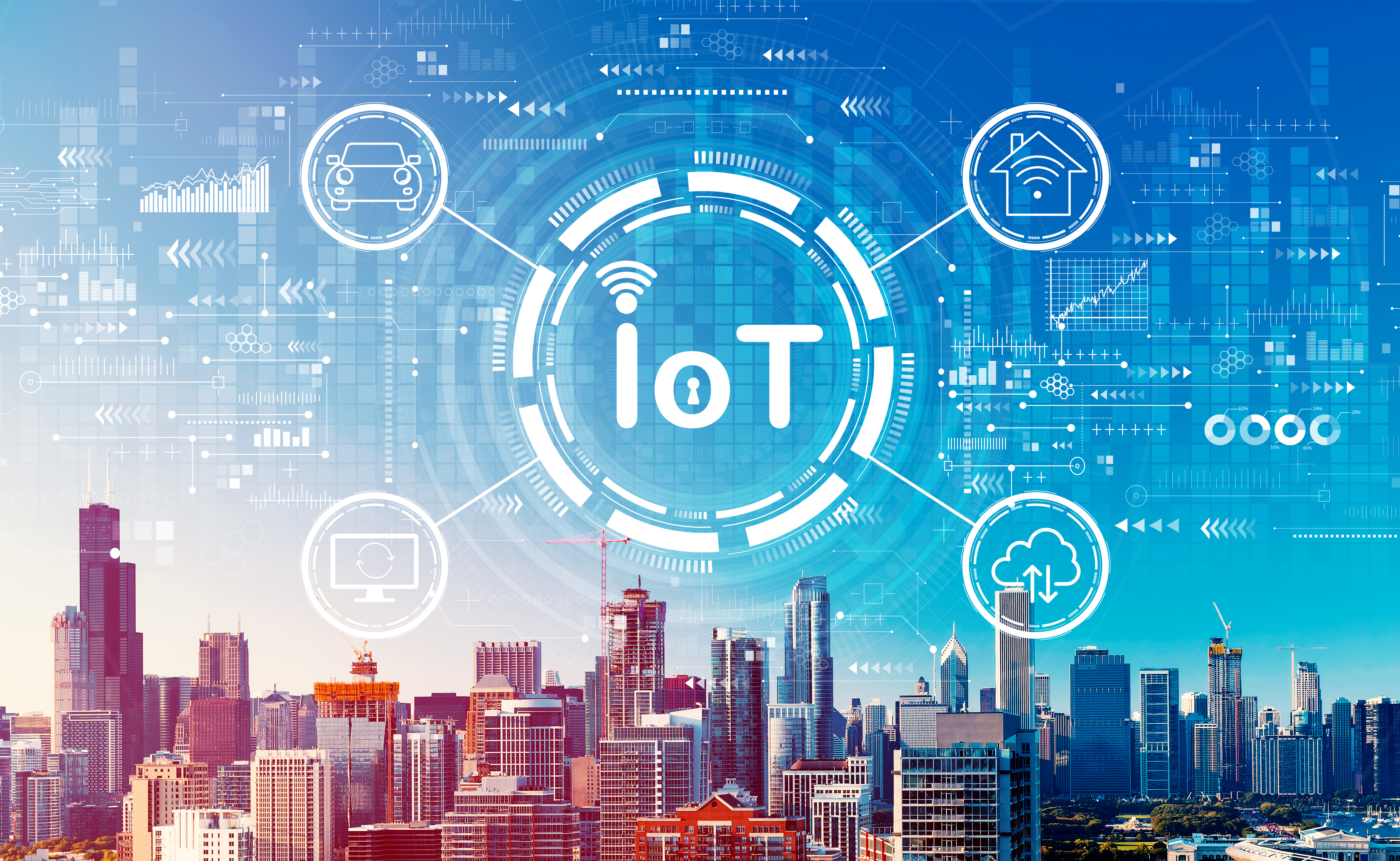 IoT theme with downtown Chicago cityscape skyscrapers