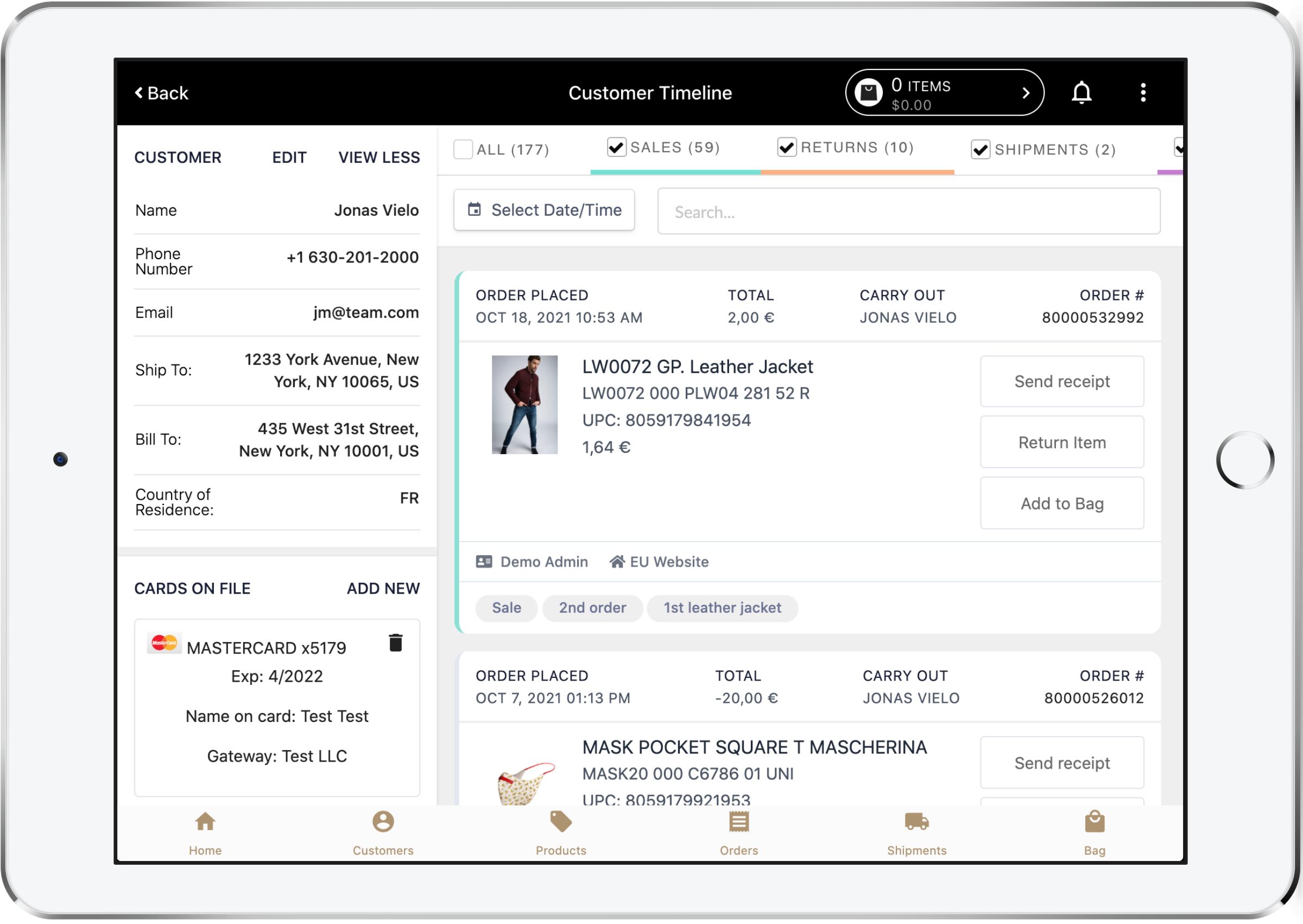 A tablet displaying a customer timeline dashboard with order details, customer information, payment options, and sales history. The interface shows customer orders, returns, shipments, and payment card data in a retail or e-commerce application.
