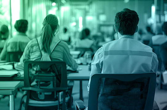 People seated in an office or classroom setting, viewed from behind, with a green and blue color overlay.