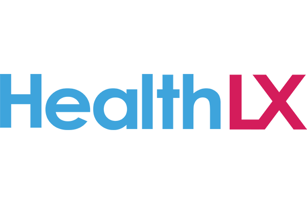 HealthLX logo in blue and pink colors on a white background.