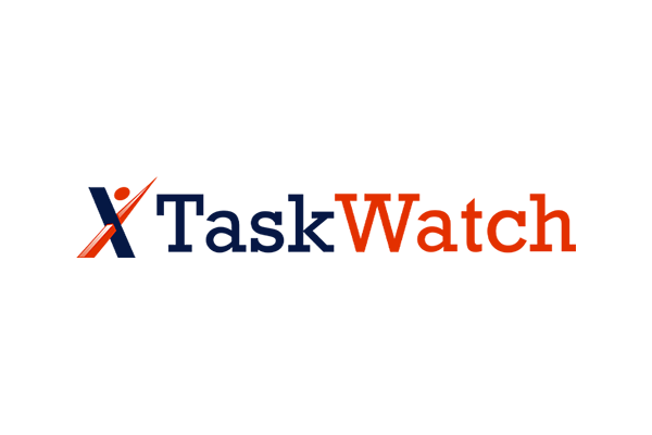 The logo of TaskWatch, featuring a stylized check mark and the brand name in dark blue and red lettering.