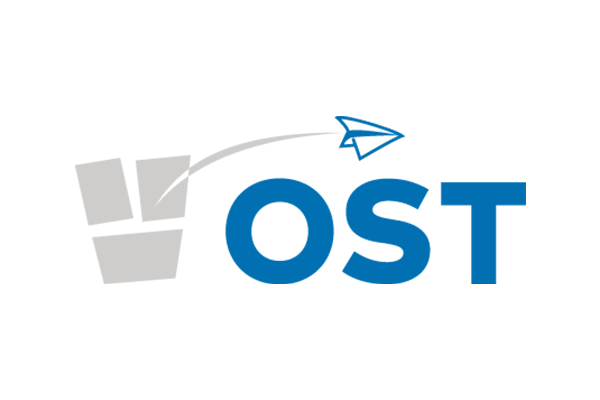 OST logo with a stylized paper airplane flying over three rectangular shapes on the left, with blue 'OST' text on the right.