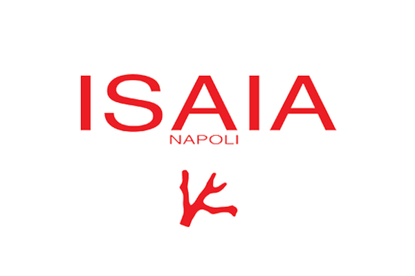 The logo of ISAIA Napoli, featuring the brand name in red uppercase letters, the word 'Napoli' underneath, and a red coral symbol below the text on a white background.