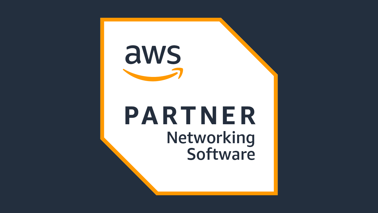 AWS Partner Network Networking Competency badge logo with the text 'aws PARTNER Networking Software' on a white badge with orange trim, on a dark blue background.