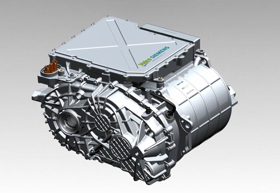 A 3D rendered image of a Valeo Siemens labeled electric motor assembly, typically used in automotive applications such as electric vehicles. The assembly features detailed casing, connectors, and mechanical parts.