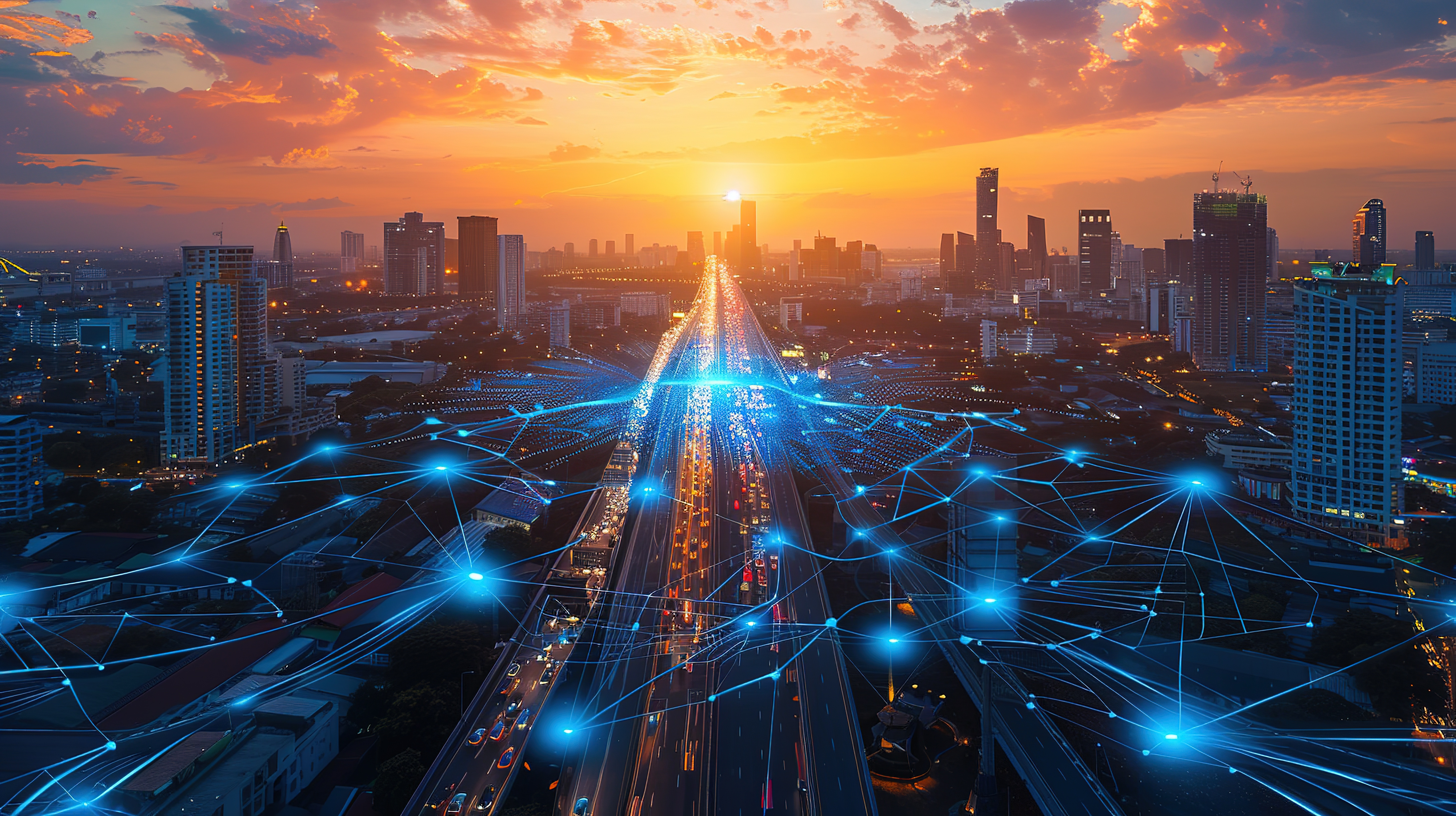 Network and Connection technology concept with Bangkok Expressway top view in panorama at sunrise, Thailand.