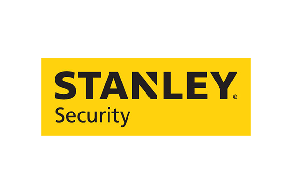 Stanley Security company logo with black text on a yellow and black background.