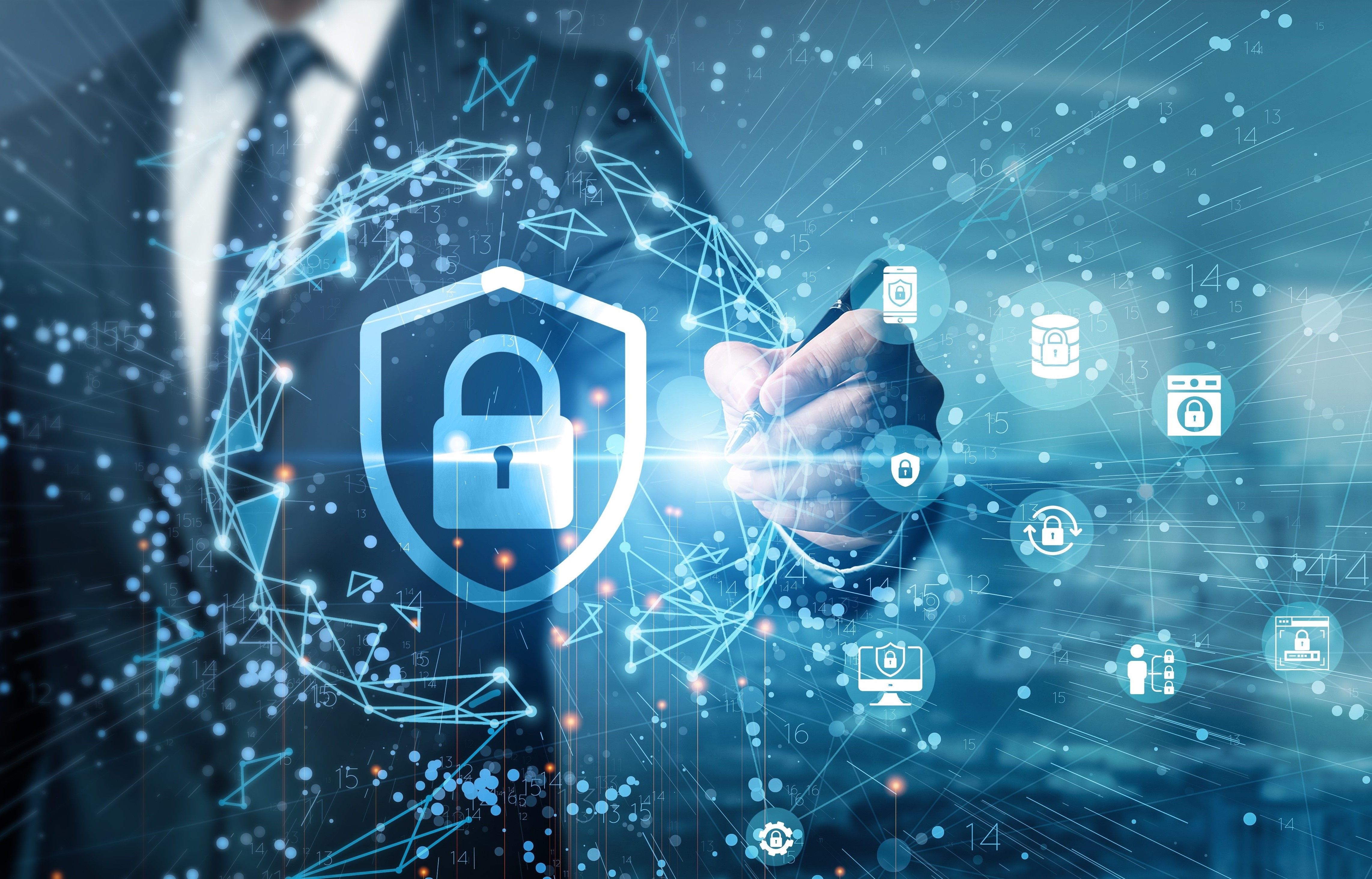 Hand of businessman drawing graphs monitoring network traffic cybersecurity threat detection firewall protection data encryption risk assessment incident response vulnerability scanning.