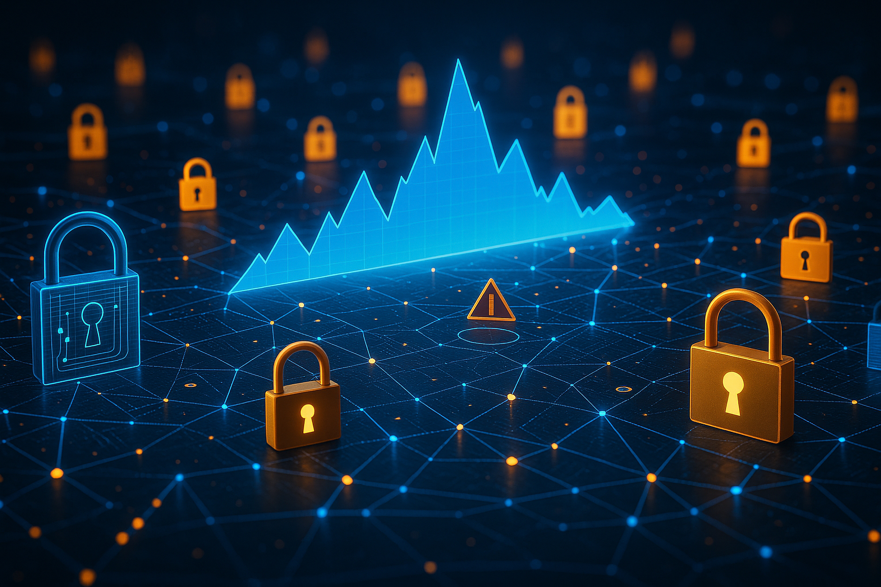 AI generated digital network with glowing padlocks data graph and warning icon symbolizing cybersecurity encryption protection risk management and secure digital connections