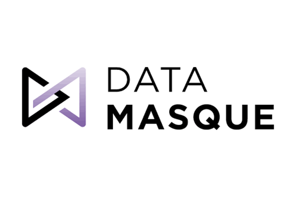Logo for DataMasque, featuring a stylized 'M' symbol and the words 'DATA MASQUE' in bold, modern typography.