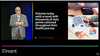 A presentation slide showing a speaker, a message about patient health data, and images of patient monitoring devices, illustrating the collection of thousands of health data points during patient journeys.
