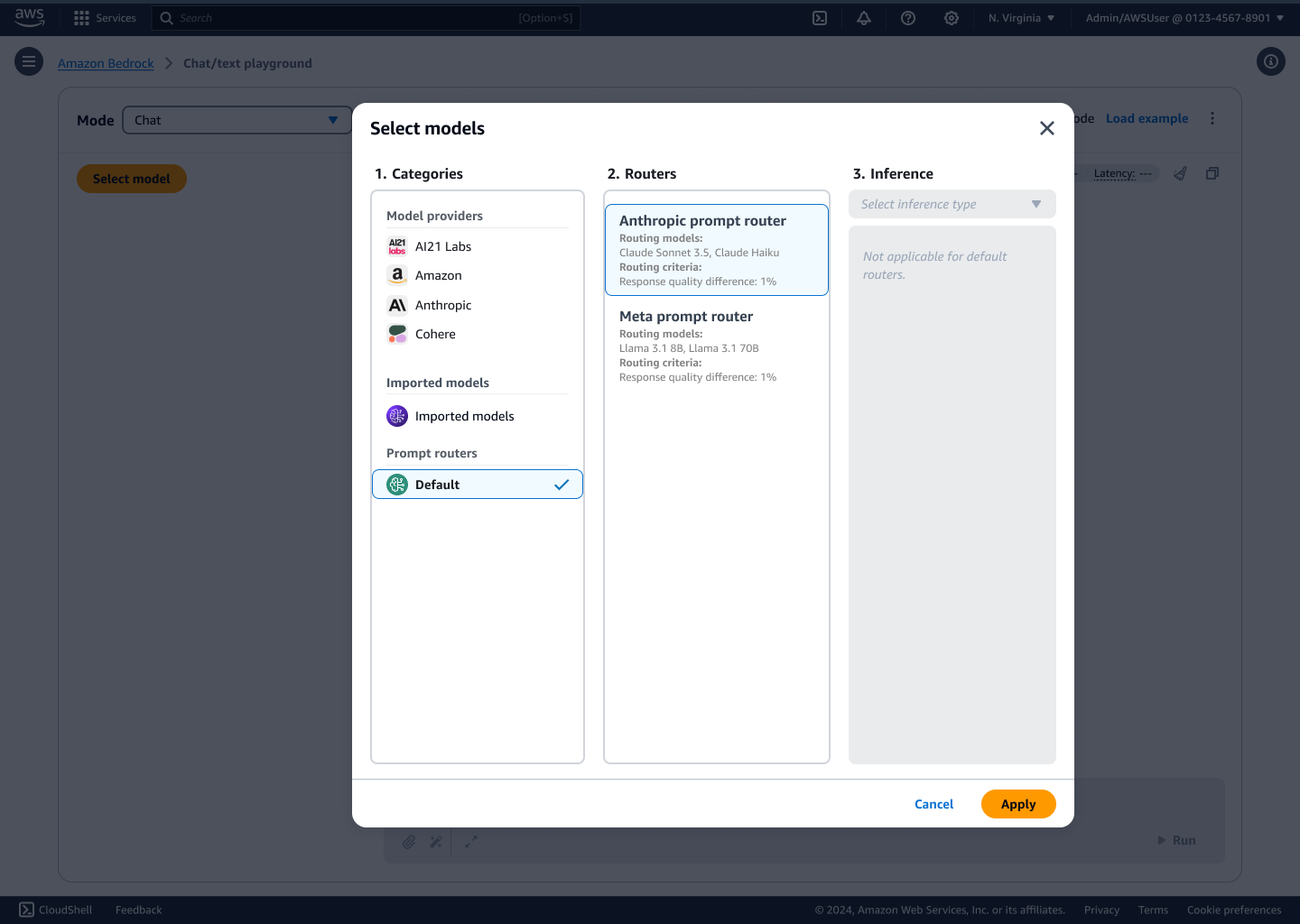 "Amazon Bedrock interface showing a 'Select models' dialog with options for model providers, prompt routers, and inference types."