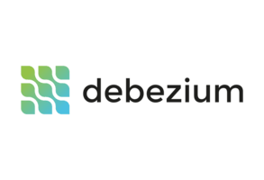 Debezium logo with green and blue abstract leaf shapes and black text on a transparent background.