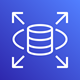 Amazon RDS service icon featuring a stylized database symbol with four outward-facing arrows on a blue gradient background.