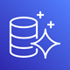 Amazon Aurora database icon featuring a stylized database with sparkling effects on a blue gradient background.