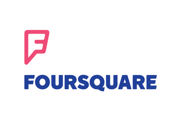 Foursquare logo with a stylized pink location pin containing the letter "F" above the blue text "FOURSQUARE."