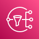 Amazon SNS service icon featuring a network and funnel graphic on a pink background, representing AWS messaging and notification services.
