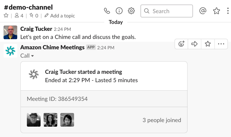 A screenshot of a Slack channel showing an integration with Amazon Chime Meetings. The image displays a message about starting and ending a Chime meeting, with meeting details, participant avatars, and a summary of the meeting duration.
