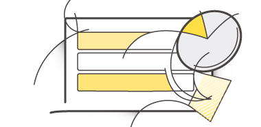 Illustration of a form with yellow fields and abstract shapes, including a pie chart.