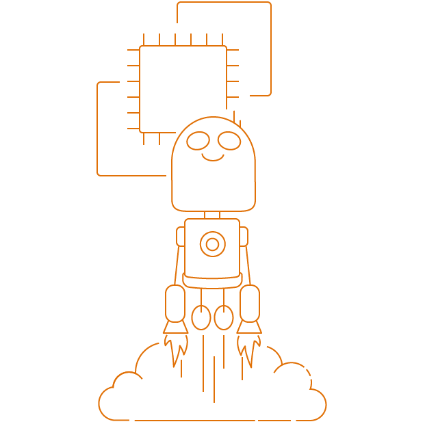 Line art illustration of a smiling robot launching like a rocket with cloud exhaust beneath it, set in front of overlapping CPU chip icons, representing AWS EC2 and computational upgrades.