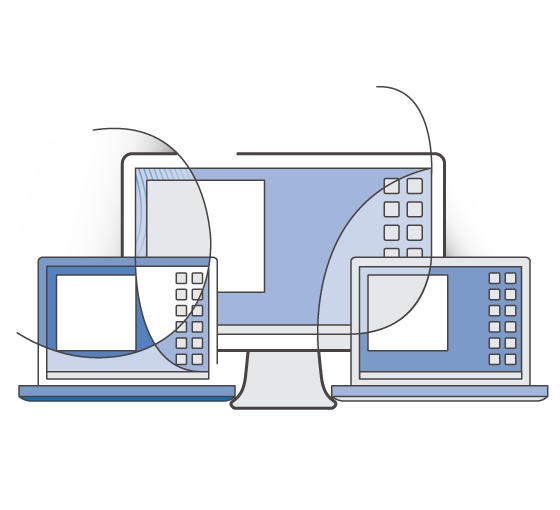 Illustration of multiple devices, including two laptops and a desktop monitor, representing Amazon Workspaces accessibility across different devices.
