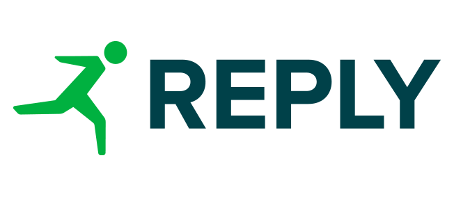 Logo for Reply featuring a green running figure icon to the left of the company name in bold text.