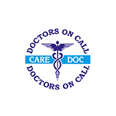 Logo for Care Doc Doctors On Call, featuring a medical caduceus symbol and the words 'Doctors On Call' surrounding 'Care Doc' on a blue banner.