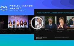 Panel discussion at AWS Public Sector Summit in Washington DC, featuring a presentation on AI for Social Good with speakers' photos and names displayed.