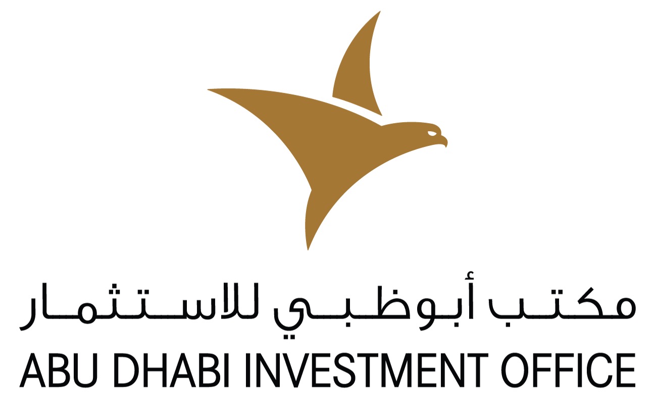 Logo of Abu Dhabi Investment Office featuring a stylized golden falcon above text in Arabic and English.