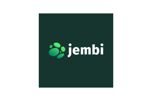 "Jembi logo with green abstract shapes on a dark green background."