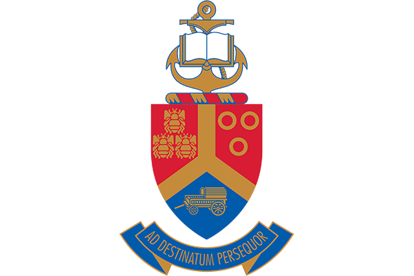 Coat of arms featuring an open book, anchor, shield with symbols including a wagon, and the Latin motto "Ad Destinatum Persequor" on a blue ribbon.