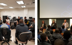 Two images side by side: on the left, a group of people seated in a classroom setting having a discussion; on the right, a panel of speakers addressing an audience in a conference room.