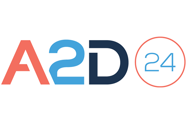 "Logo with stylized text 'A2D' in red, light blue, and dark blue, followed by a circled '24' in light blue and red."