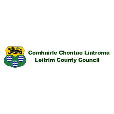Logo of Leitrim County Council, featuring a green and yellow crest with black lions and blue and white waves, alongside the bilingual text 'Comhairle Chontae Liatroma Leitrim County Council'.