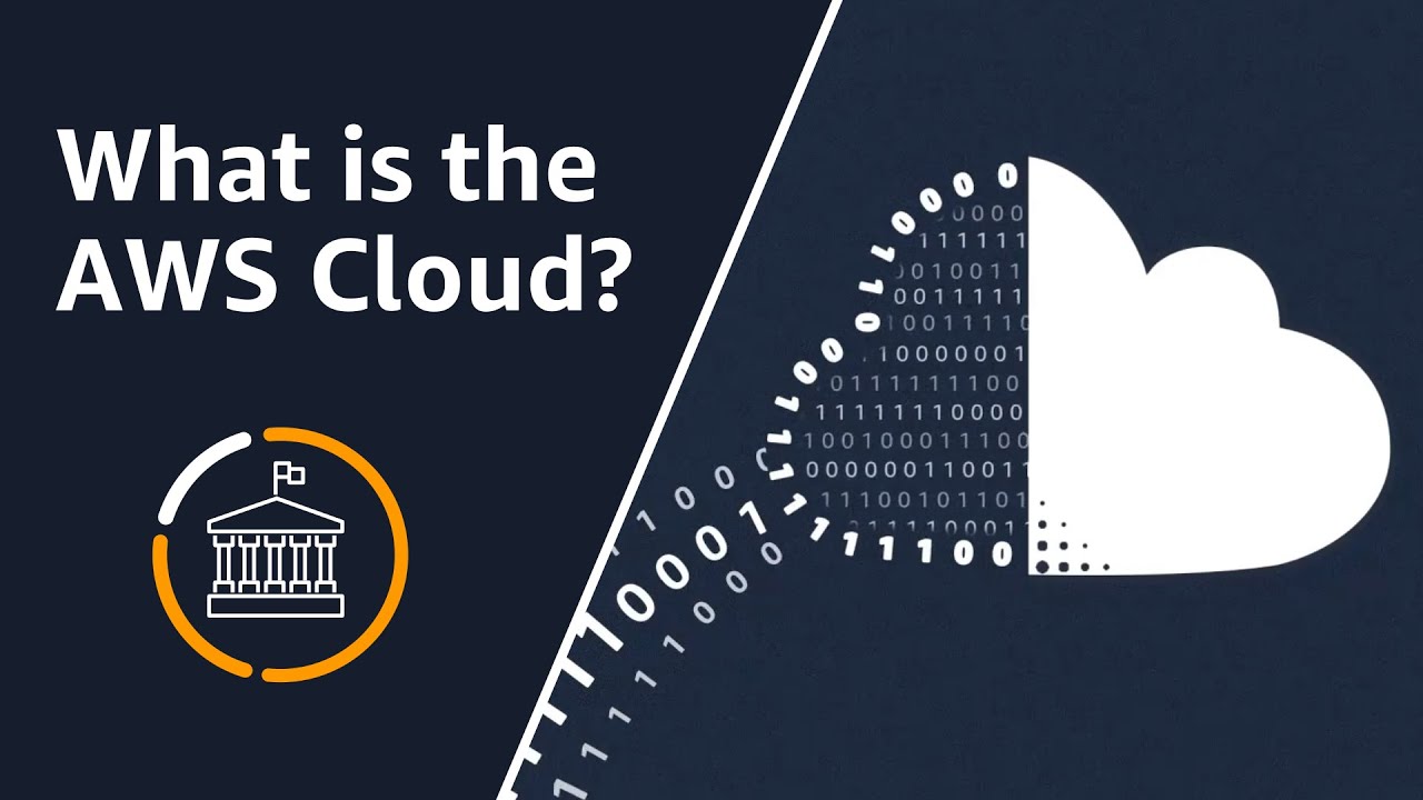 Text reading "What is the AWS Cloud?" next to a cloud graphic filled with binary code and an icon of a government building in a circular frame.