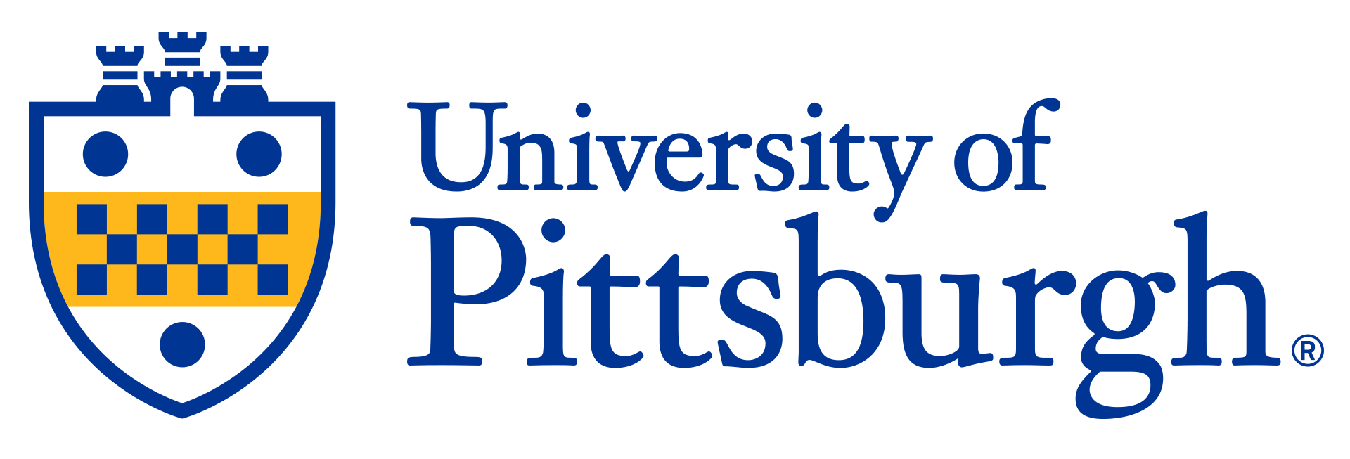 University of Pittsburgh logo featuring a blue and gold shield with checkered pattern and three castle-like symbols above.
