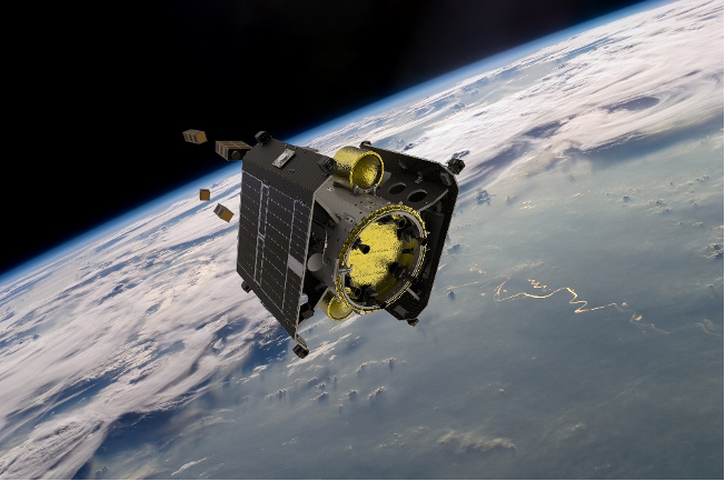 A satellite with solar panels and golden components orbiting Earth, with clouds and land visible below.
