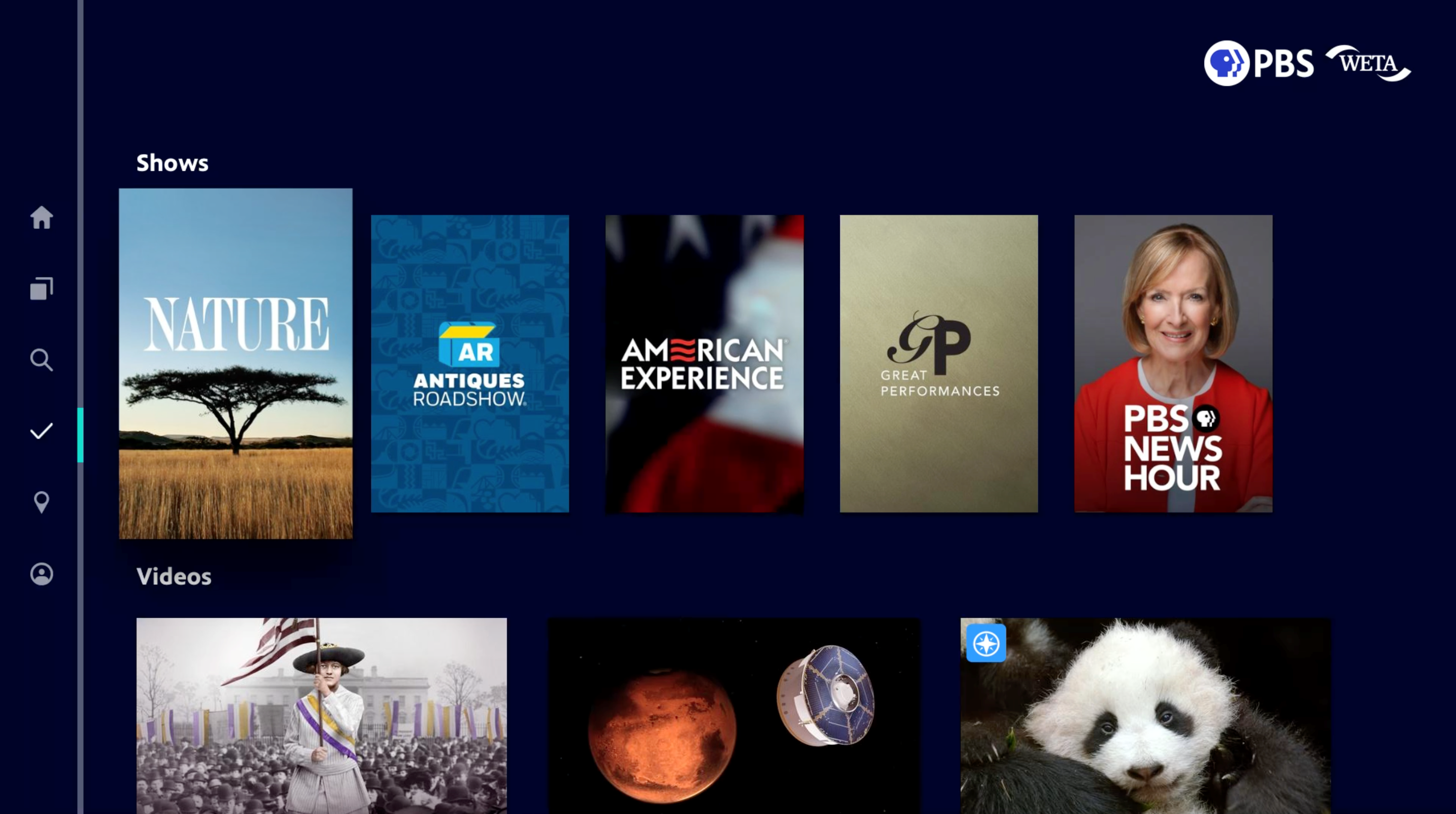 Screenshot of a PBS video streaming interface displaying popular shows such as Nature, Antiques Roadshow, American Experience, Great Performances, and PBS NewsHour, along with various video thumbnails.