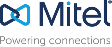 The Mitel logo with the tagline 'Powering connections' displayed below, representing the company's branding.